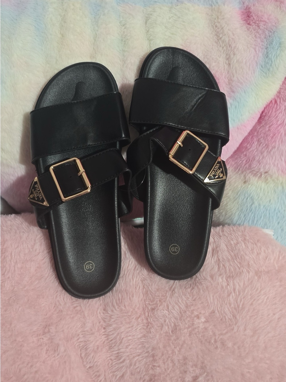 Prada Black Slide Sandals with Gold Buckles